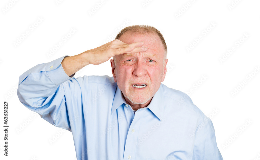 Squinting old man has vision problem isolated white background Squinting old man has vision problem isolated white background
