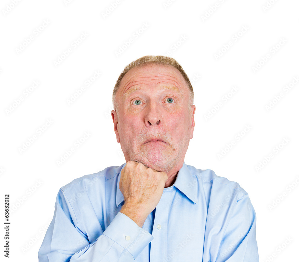 Portrait , headshot sad day dreaming older man, white background Portrait , headshot sad day dreaming older man, white background