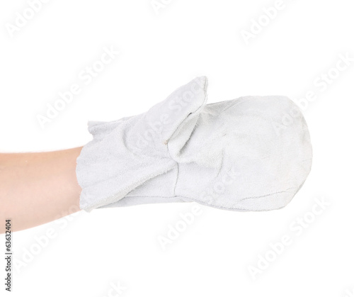 Hand gloved with a white leather working glove.