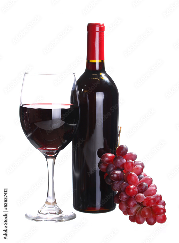 Red Wine Bottle and Glass of  Wine with Fresh Grapes isolated