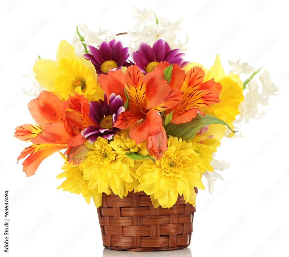 Beautiful flowers in wicker basket, isolated on white Beautiful flowers in wicker basket, isolated on white