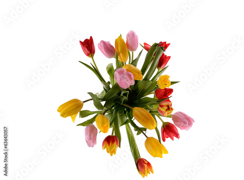 Colorful bouquet of fresh spring tulip flowers isolated on white