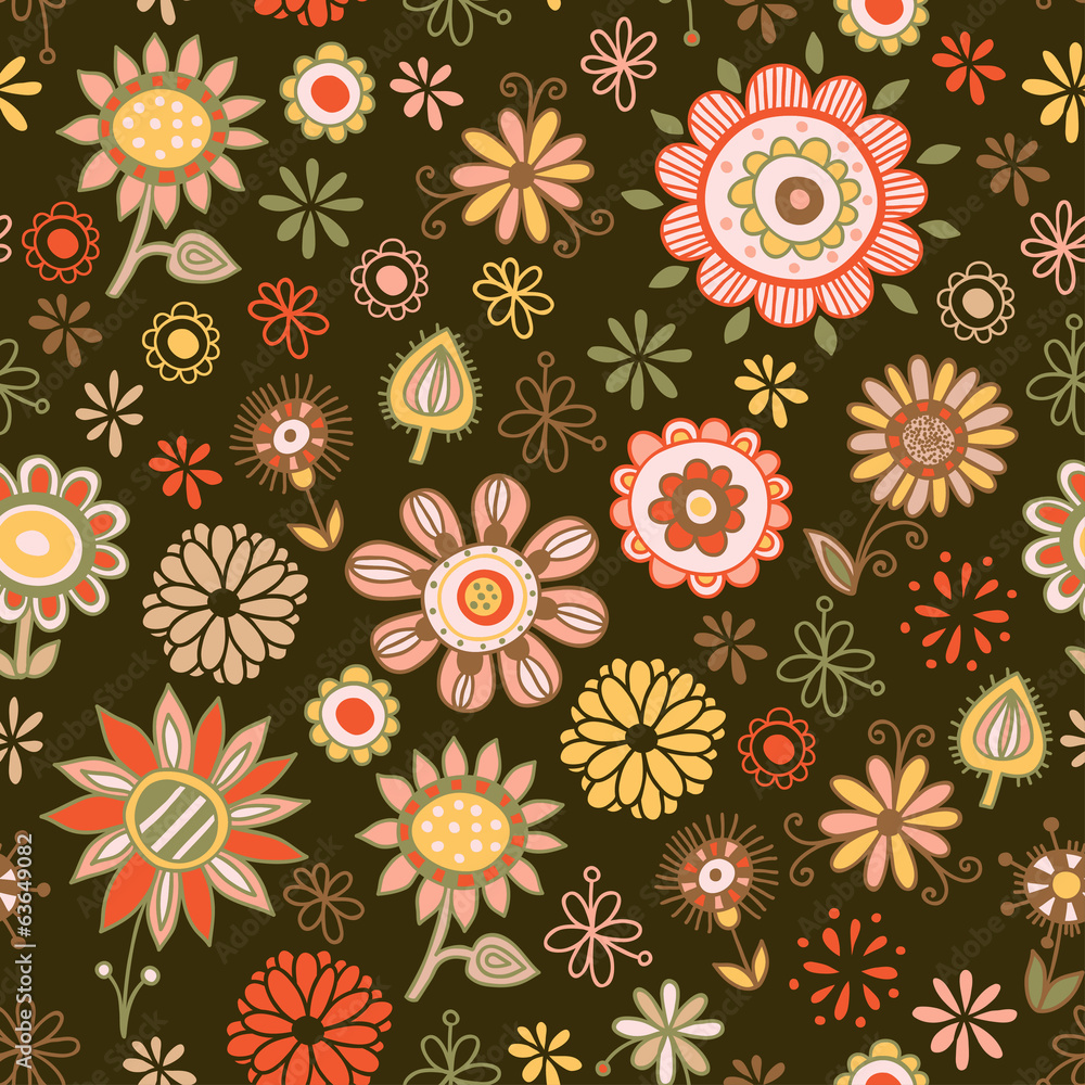 Seamless pattern of flowers on a dark background