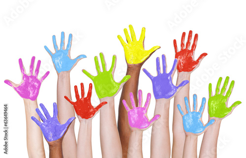 Multi-Ethnic Arms Raised and Colorful Painted Hands