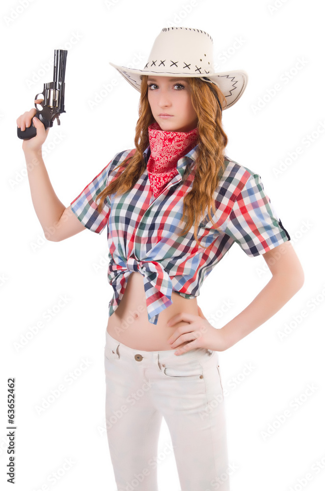 Redhead cowgirl with gun isolated on white Redhead cowgirl with gun isolated on white