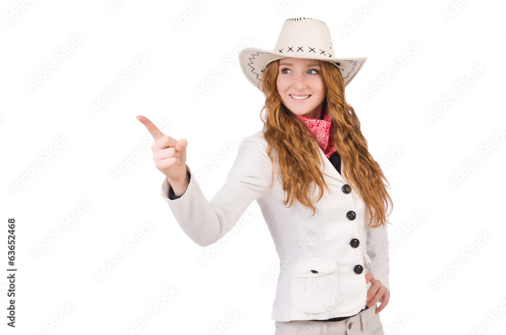 Young cowgirl pressing virtual buttons isolated on white Young cowgirl pressing virtual buttons isolated on white