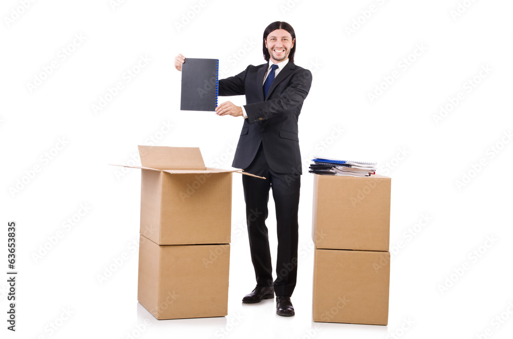Man with boxes full of work Man with boxes full of work