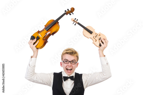 Funny man with violin on white