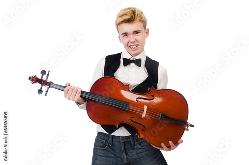 Funny man with violin on white