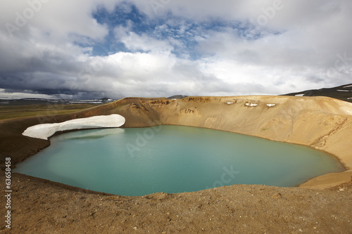 Iceland. Stora-Viti crater with water. Slope with snow. photo