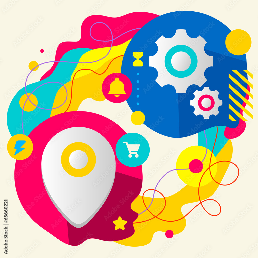 Obraz premium Geo location and gears on abstract colorful splashes background