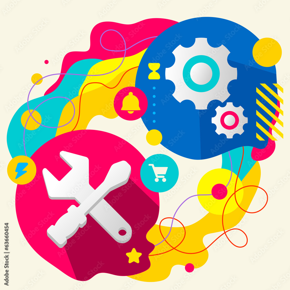 Fototapeta premium Tools screwdriver and wrench and gears on abstract colorful spla