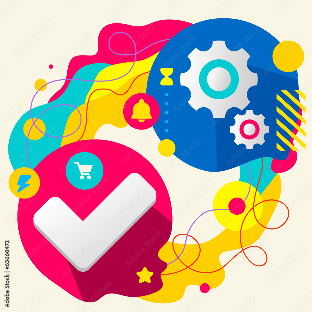 Tick and gears on abstract colorful splashes background with dif Tick and gears on abstract colorful splashes background with dif