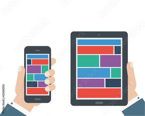 hand holding tablet and phone flat design isolated