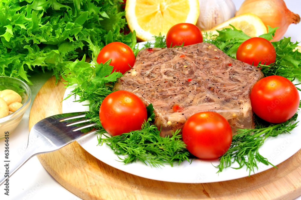 jellied meat with fresh herbs and cherry tomatoes jellied meat with fresh herbs and cherry tomatoes