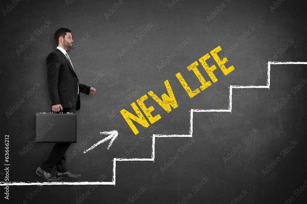 Man on the stairs to the new life Man on the stairs to the new life