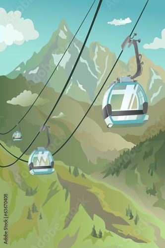 Funicular in the mountains in the warm season
