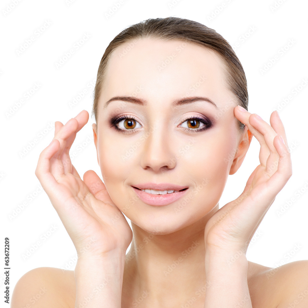 Portrait of beautiful young fresh woman, face and hand closeup Portrait of beautiful young fresh woman, face and hand closeup