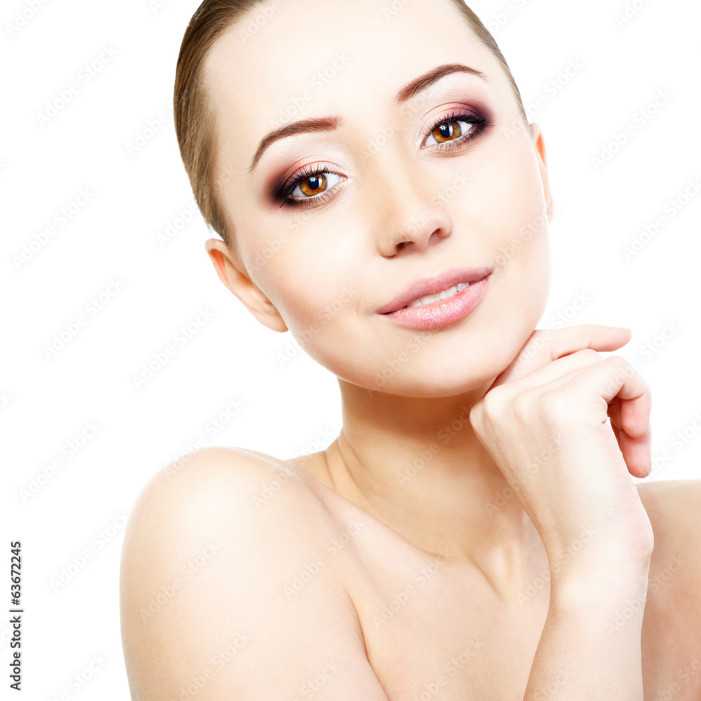 Portrait of beautiful young fresh woman, face and hand closeup