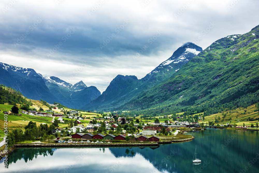 Landscape with mountains in Norwegian village Olden in Norwegian