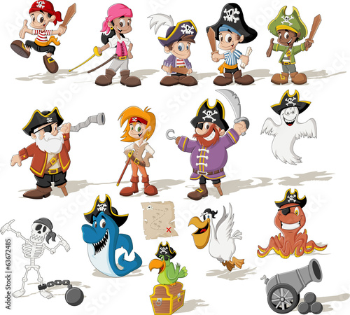 Group of cartoon pirates with funny animals