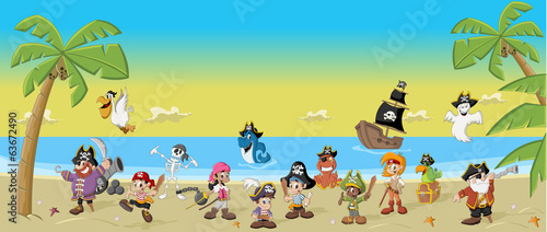Cartoon pirates with funny animals on a beautiful tropical beach