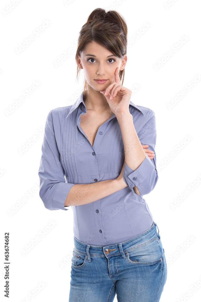 Hübsche junge Frau in Bluse und Jeans freigestellt Hübsche junge Frau in Bluse und Jeans freigestellt