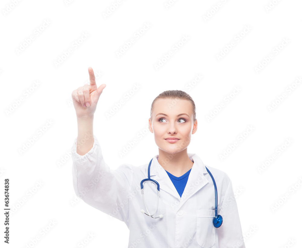 A doctor woman pushing an imaginary button isolated on white A doctor woman pushing an imaginary button isolated on white