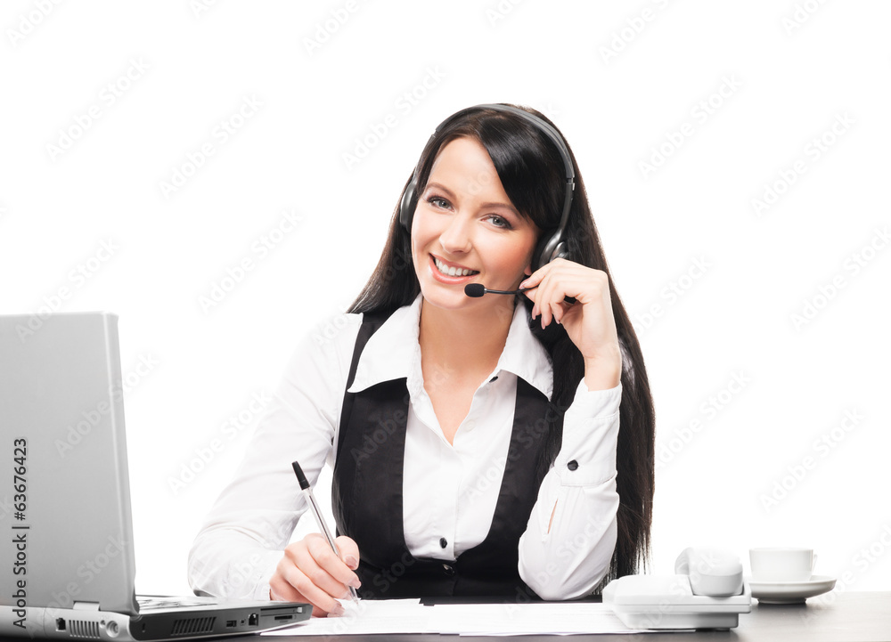 Beautiful customer support operator working in a call center Beautiful customer support operator working in a call center