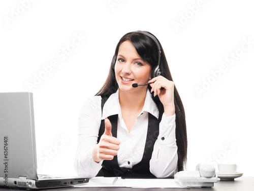 A beautiful customer support operator working in a call center