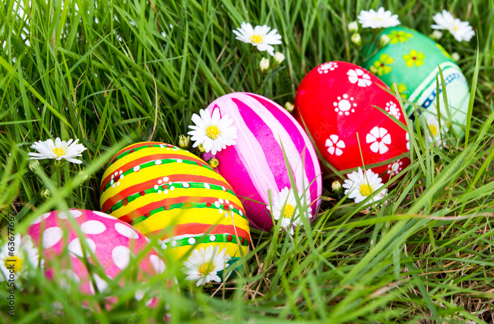 Easter Eggs with flower on Fresh Green Grass Easter Eggs with flower on Fresh Green Grass