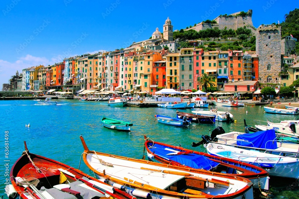 Colorful harbor view at Portovenere, Italy with boats