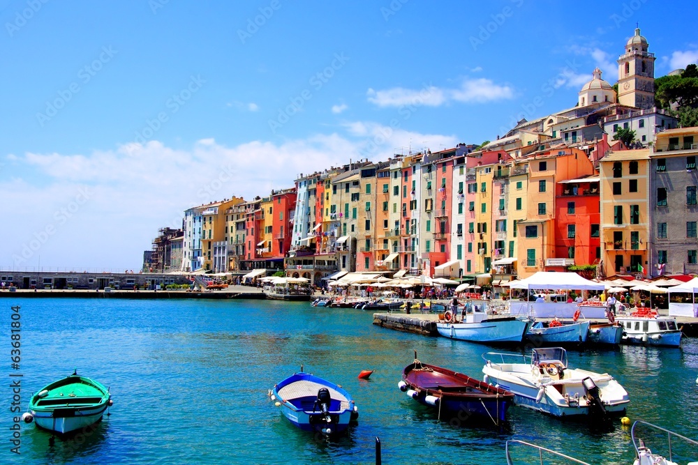 Colorful harbor view at Portovenere, Italy with boats