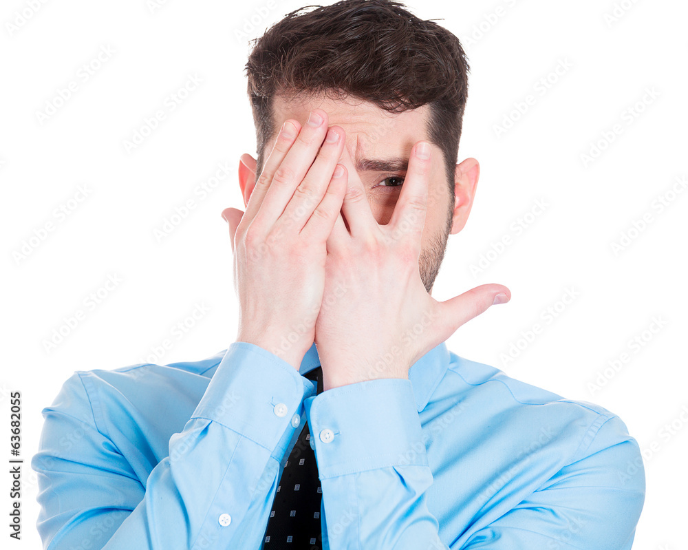 Dont Want To See Shy Man Looking Through His Fingers Stock Photo