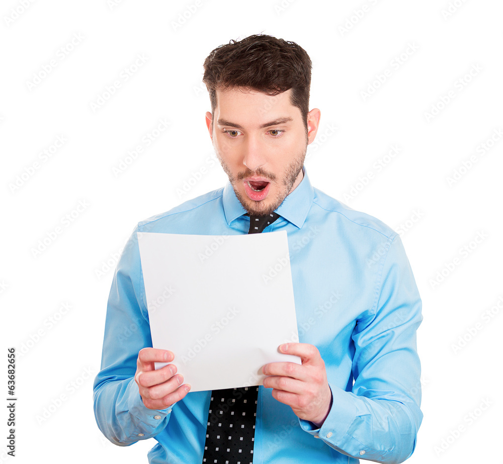Expensive bills. Portrait upset shocked man holding papers Expensive bills. Portrait upset shocked man holding papers