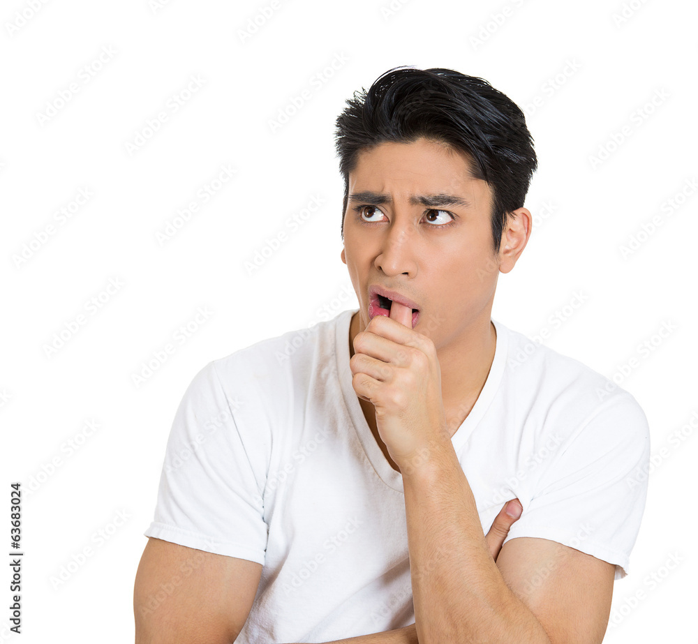 Portrait Clueless man sucking thumb isolated on white background Portrait Clueless man sucking thumb isolated on white background
