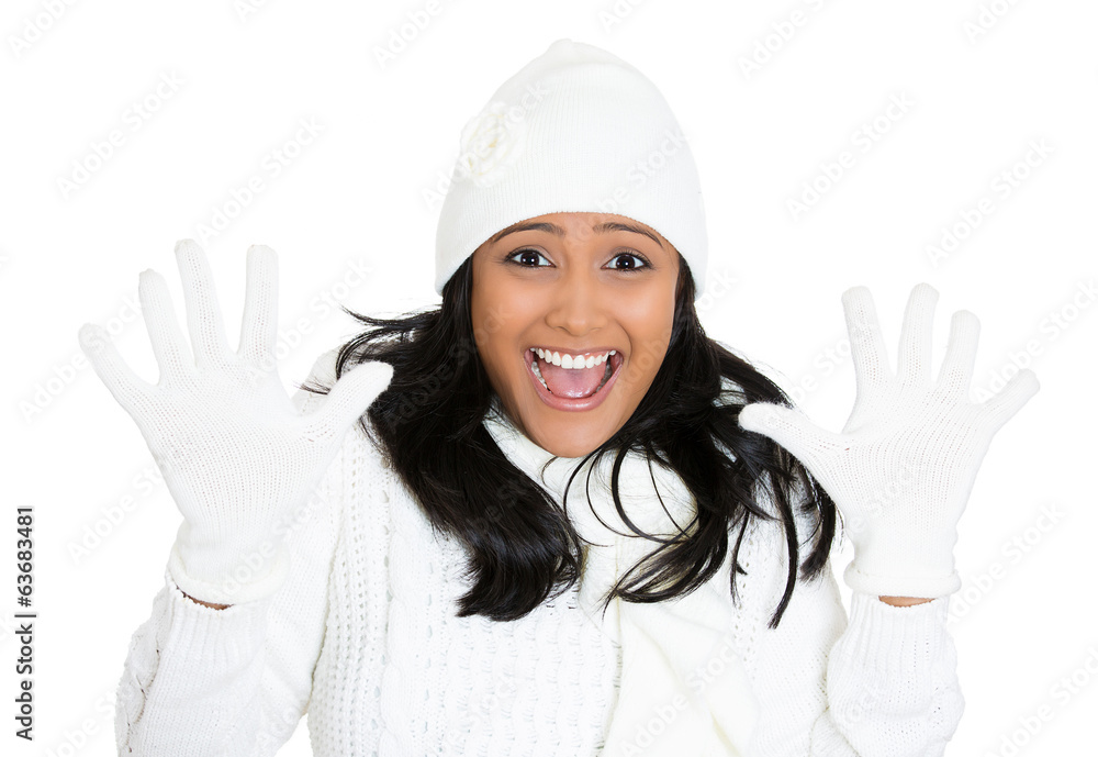 Surprised winter weather woman isolated on white background Surprised winter weather woman isolated on white background