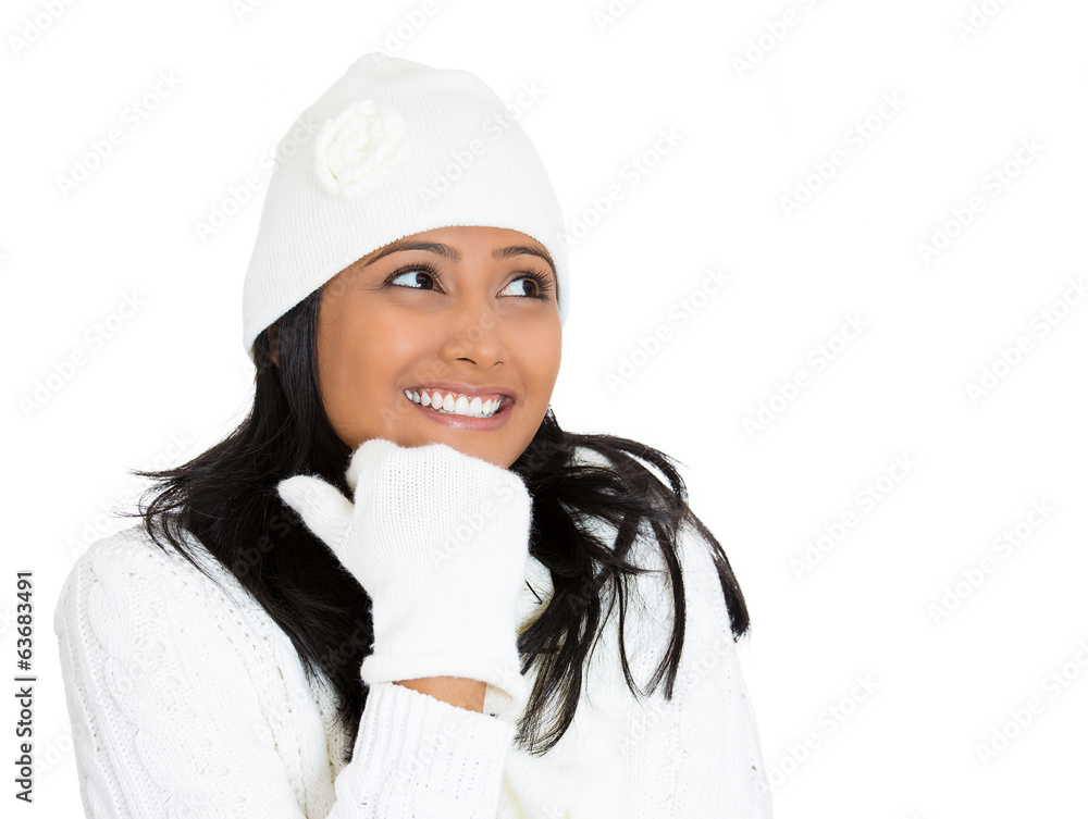 Daydreaming smiling winter woman thinking season holidays Daydreaming smiling winter woman thinking season holidays