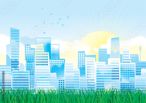 Environment. Modern Town with  green grass.