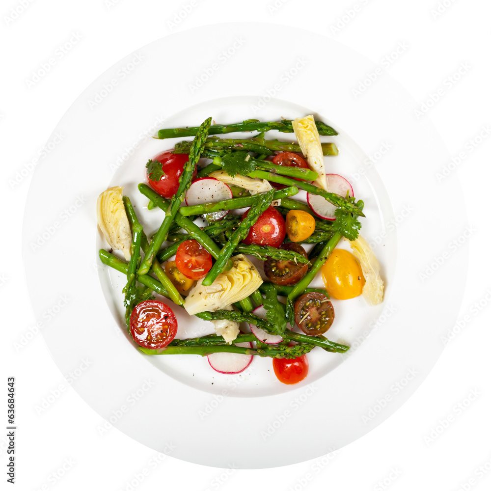 Delicious Fresh salad with asparagus, artichoke and tomatos Delicious Fresh salad with asparagus, artichoke and tomatos