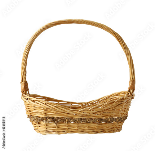 Wicker gift basket isolated on white background photo