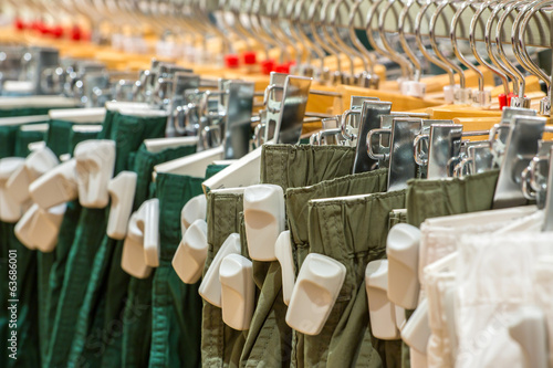 Clothes in the store with EAS anti-theft tags