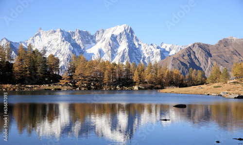 Mont Blanc massif and lake Arpy viewed from Italy in autumn 