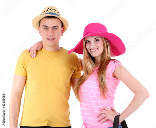 Young couple tourist isolated on white