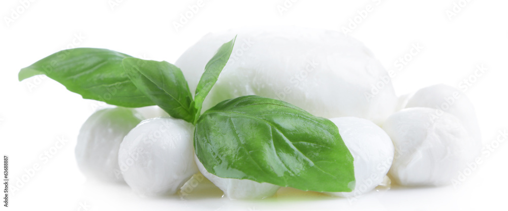 Obraz premium Tasty mozzarella with basil isolated on white