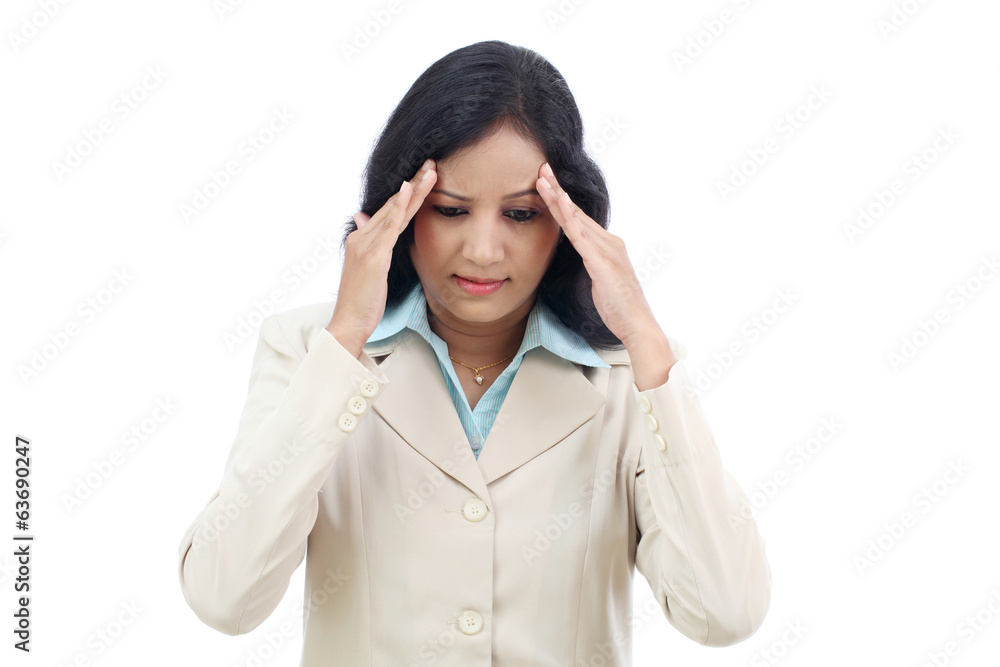 Stressed young business woman against white Stressed young business woman against white