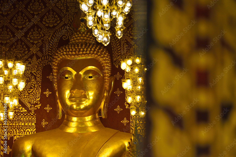 closeup face of buddha statue in temple buddhism