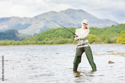 fishing woman, Loch Venachar, Trossachs, Scotland photo