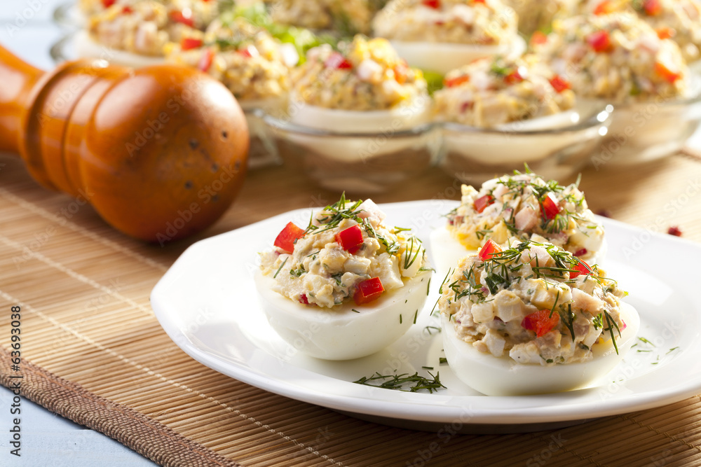 stuffed eggs with ham, red pepper and dill stuffed eggs with ham, red pepper and dill