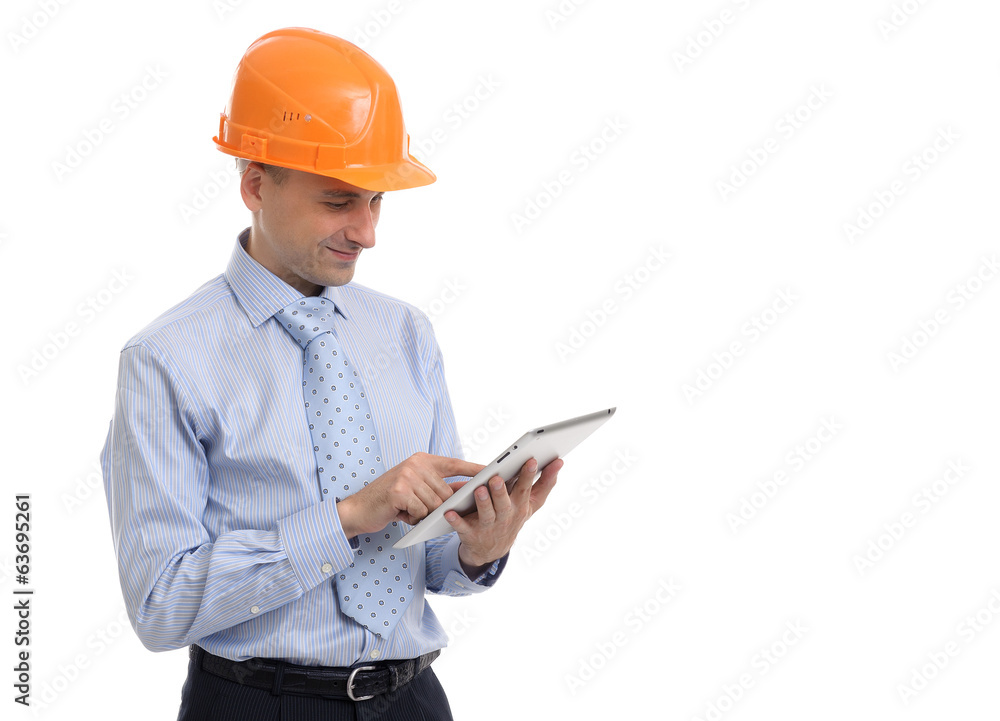Construction worker working on tablet Construction worker working on tablet